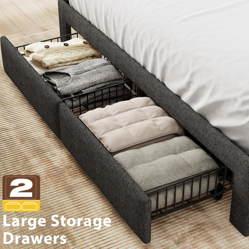 Queen Bed Frame with 2 Storage Drawers and Upholstered Headboard I859