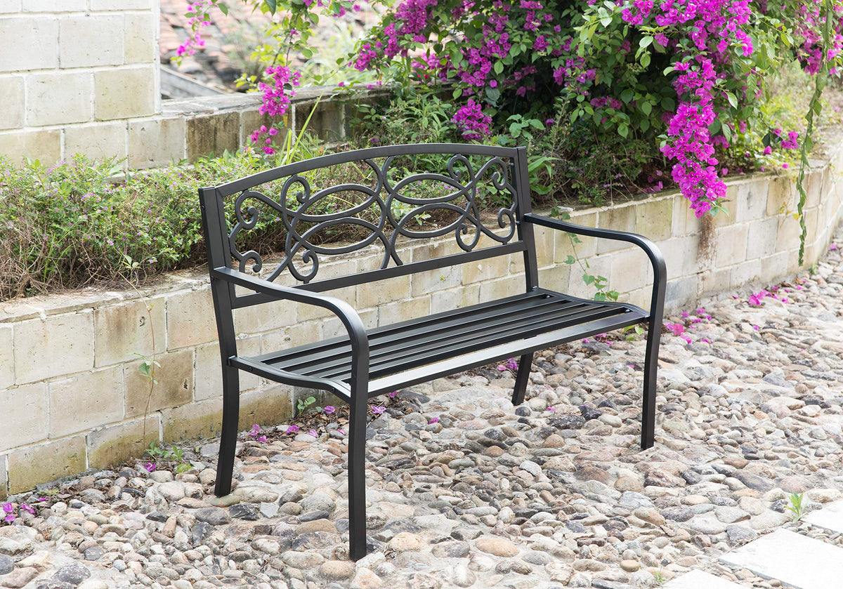 Steel Outdoor Patio Garden Bench with Cast Iron Backrest C197